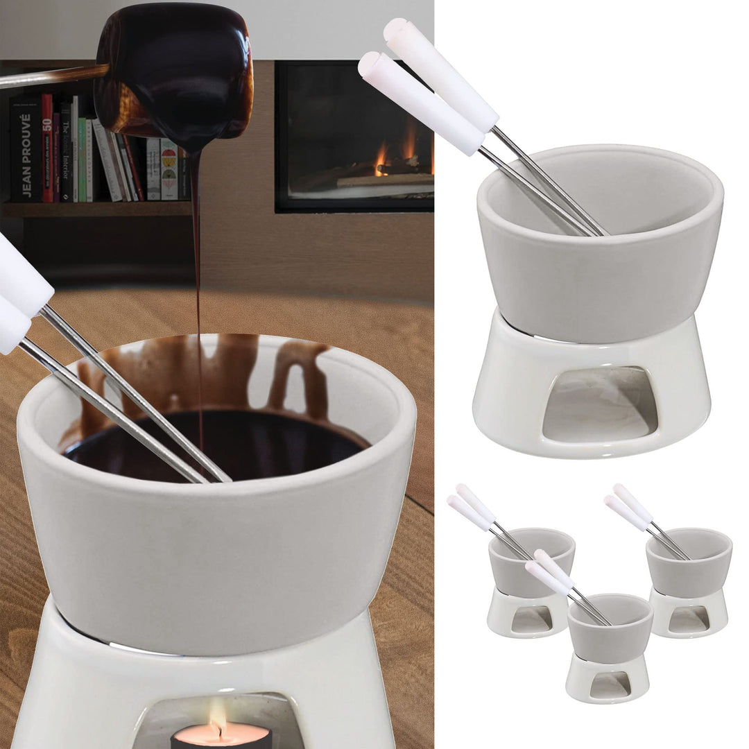 4 x Keramik Schokofondue Set Fondue-Set Schokolandenfondue weiss inkl. 2 Edelstahlgabeln (4 x Schoko