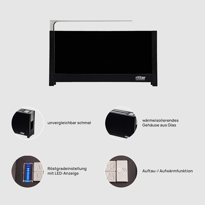 ritter volcano 5 Langschlitz-Toaster mit Brötchenaufsatz, extra schmal, Made in Germany, Schwarz Sch