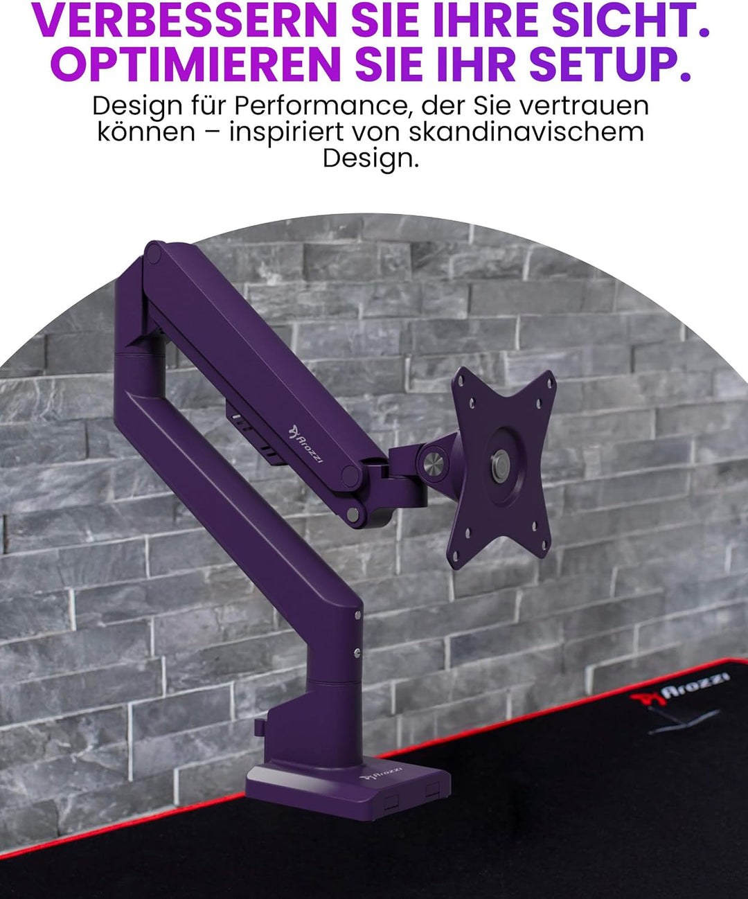 Arozzi Alzare Neo Single Gasdruckfeder-Monitorarm - Vollbewegung, Höhenverstellbar 21–50 cm, VESA 75