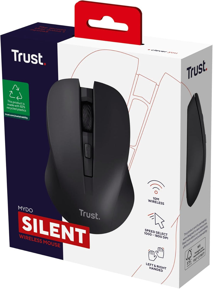 Trust Mydo Leise Funkmaus, 82% aus Recyclingkunststoff, 1000-1800 DPI, Verstaubarer USB Mikroempfäng