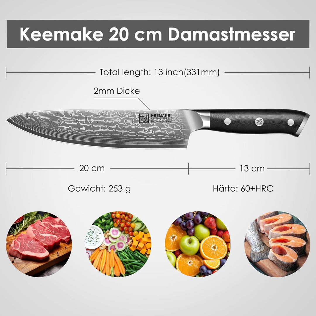 KEEMAKE Damastmesser Kochmesser 20cm, Küchenmesser Scharfes Messer aus 67 Schichten Damaststahl mit