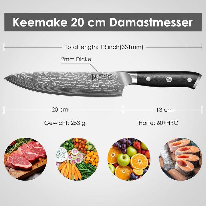 KEEMAKE Damastmesser Kochmesser 20cm, Küchenmesser Scharfes Messer aus 67 Schichten Damaststahl mit