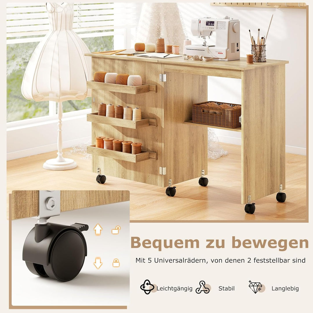 GIANTEX Nähtisch klappbar, Nähmaschinentisch auf Rollen, Nähtisch für Nähmaschine, Nähschrank Holz,