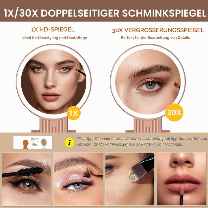 Auxmir Kosmetikspiegel mit Beleuchtung, 30X/1X Doppelseitig Schminkspiegel mit Licht, Dimmbar Spiege