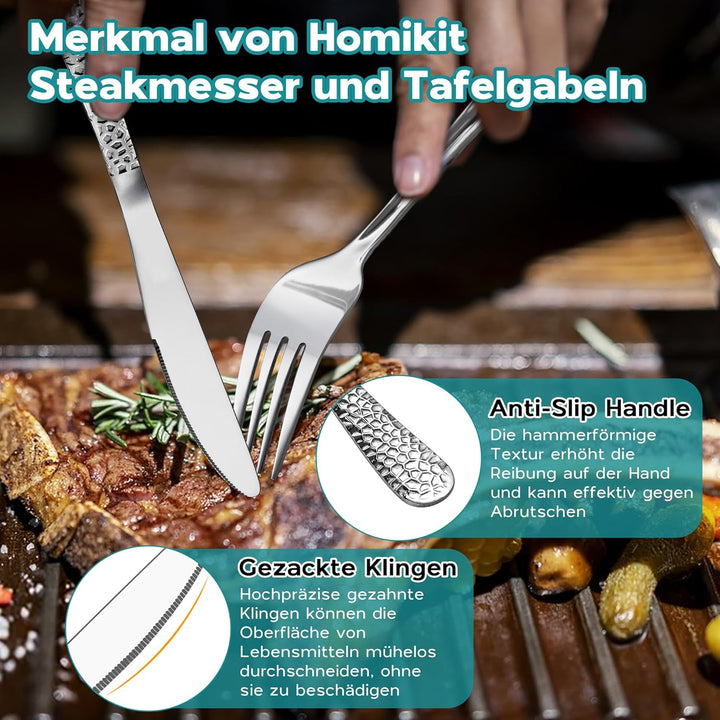 Homikit Besteck Set, 60-teilig Besteckset für 12 Personen, Edelstahl Gehämmertes Tafelbesteck, Essbe