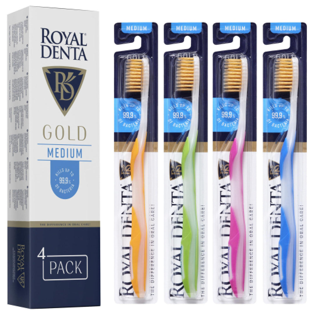 Royal Denta Gold Medium Zahnbürsten 4er-Pack - Doppellänge Borsten für Interdentalreinigung, Goldpar