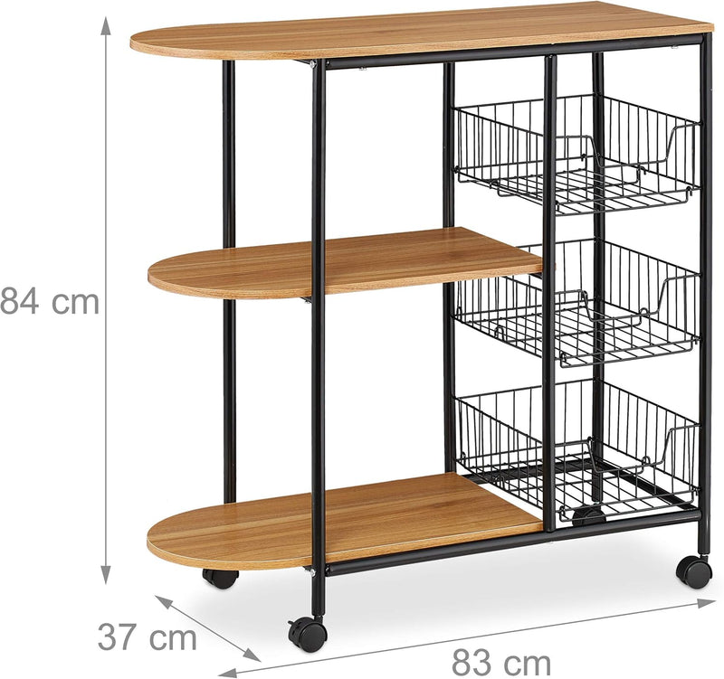 Relaxdays Servierwagen, Küchenwagen m. 3 Ablagen & 3 Körben, Industrie, Metall & MDF, HBT 84x83x37 c
