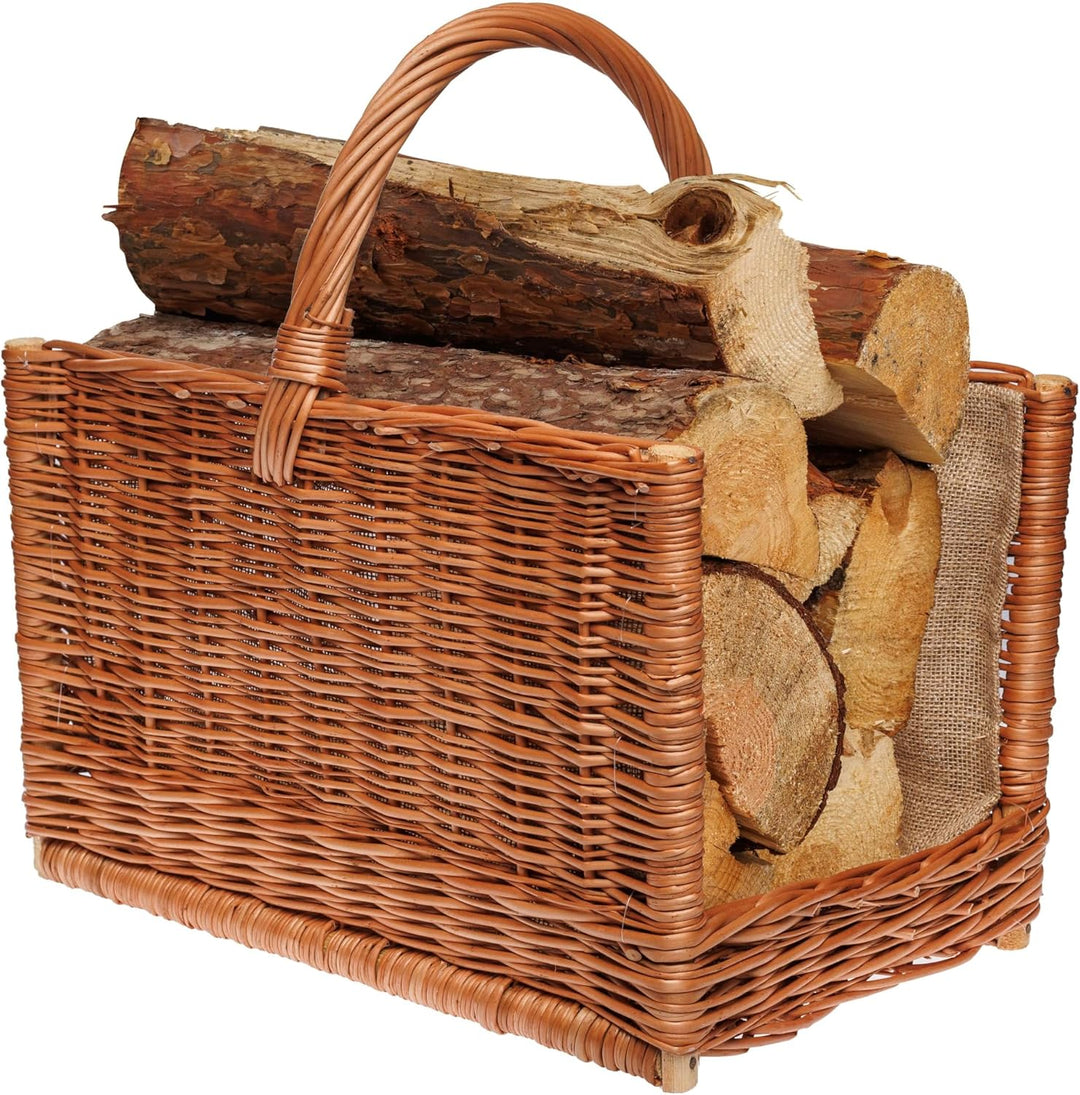 BOGATECO Weidenkorb mit Griff quadratisch | Kaminkorb 45X30X30 | Handgewebt | Mit Jute ausgekleidete