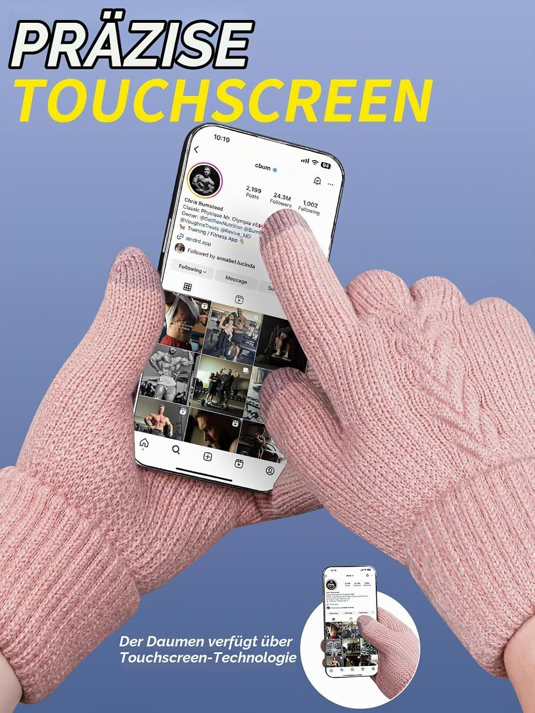 Handschuhe Winter Damen, Doppelte Thermo mit Fleecefutter Touchscreen Strick wollhandschuhe Laufen R