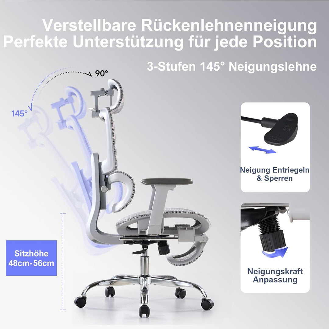 Ergonomischer Bürostuhl mit Fussstuhl & 3D Armlehnen - Gaming Stuhl mit 5-Fach Höhenverstellung, 2D