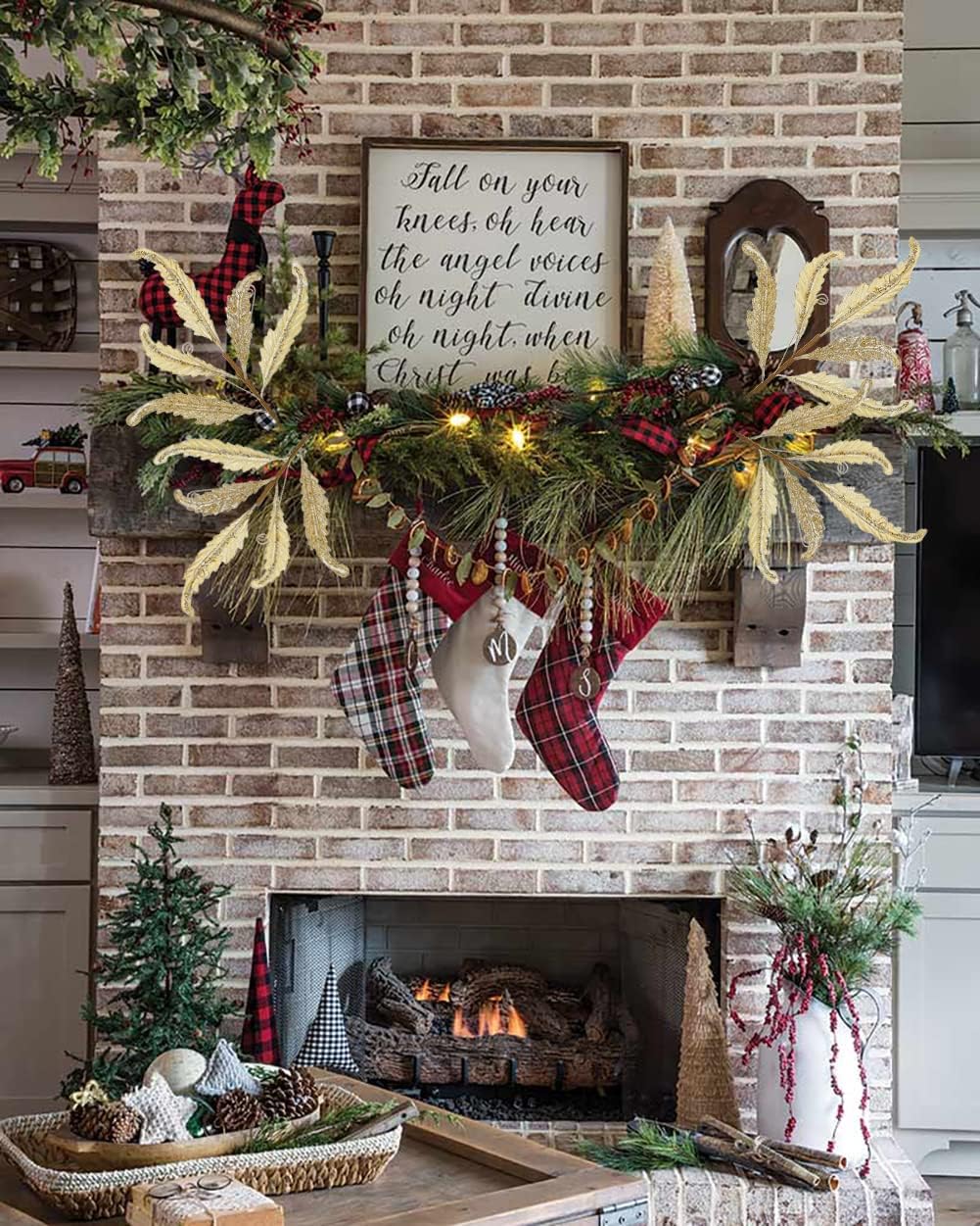 Oairse 68CM 3er Set Kunstpflanze Kunstzweig Weihnachten deko Glitzer, Weihnachten Blätter für Weihna