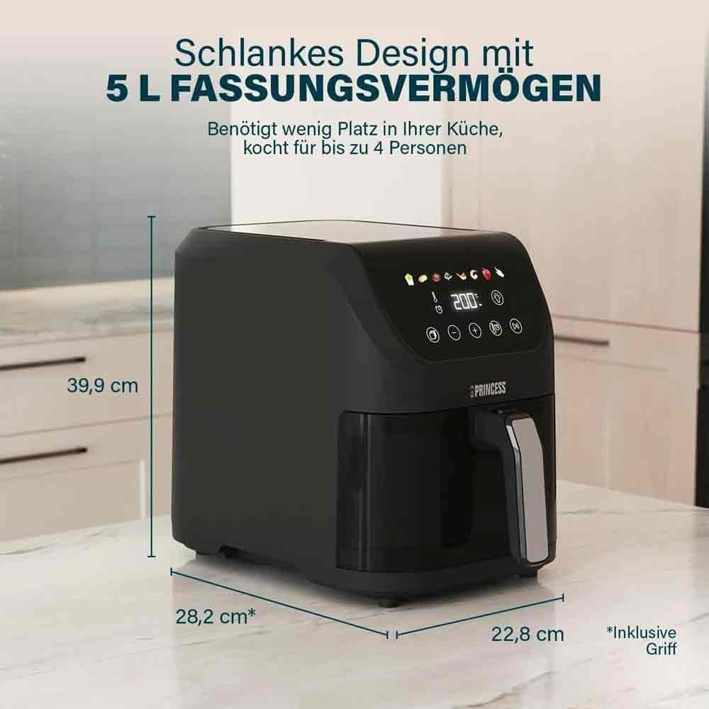 Princess Slim Airfryer 5L - 1500 W - leiser Betrieb (55 db) - Platzsparendes Design - Ölfrei - 8 Koc