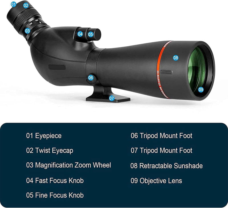 JoyDate 20-60x 80mm ED Spektiv mit Smartphone Adapter, Extra-Low Dispersion Spektivs perfekt für Zie
