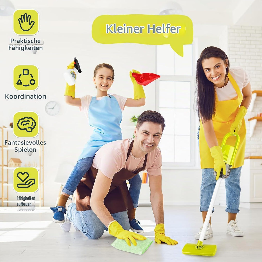 deAO Kinder Putzwagen ab 2 3 Jahre mit Wischmop, Eimer, Besen, Staubsauger, Bürsten, Kehrschaufel, H