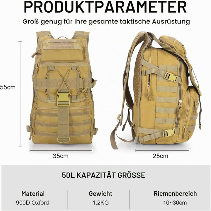 SHANNA Militärrucksack 35L/50L Armee Rucksack Molle, Hohe Kapazität Trekkingrucksack Wanderrucksäcke