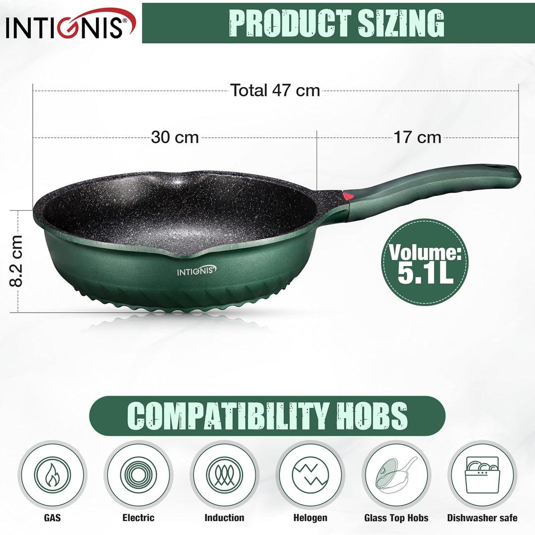 INTIGNIS Premium-Bratpfanne mit Deckel, Kratzfest, 30 cm, Extra Tief, Kompatibel mit allen Herdarten