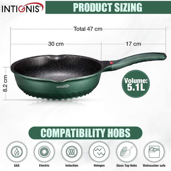 INTIGNIS Premium-Bratpfanne mit Deckel, Kratzfest, 30 cm, Extra Tief, Kompatibel mit allen Herdarten