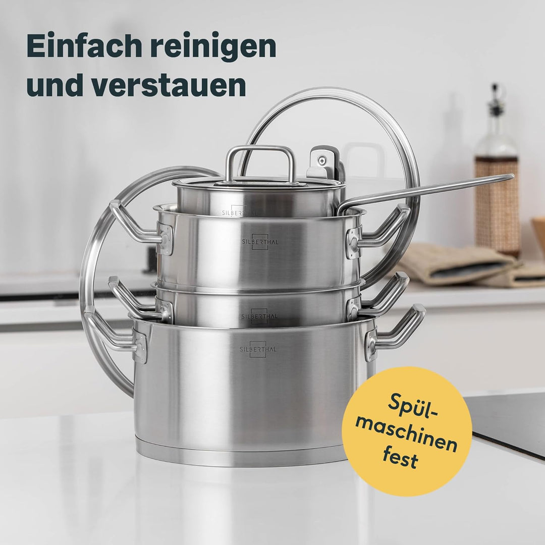 SILBERTHAL Pfannen- und Topfset 9 teilig - Edelstahl - Kochtopf 2,5l,3,5l, 5l und Pfannen 20cm, 24 &