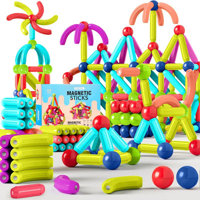 AOUVT 64 Pcs Magnetische Bausteine Spielzeug, 3D Konstruktions Spielzeug, Magnetspielzeug für Kinder