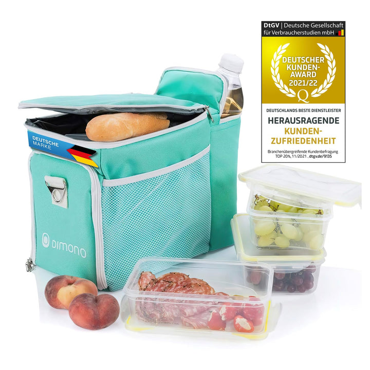 Dimono® Kühltasche 15L mit 3 Brotzeitdosen; Picknick-Tasche mit 3 Meal Prep Launchbox Dosen + Deckel