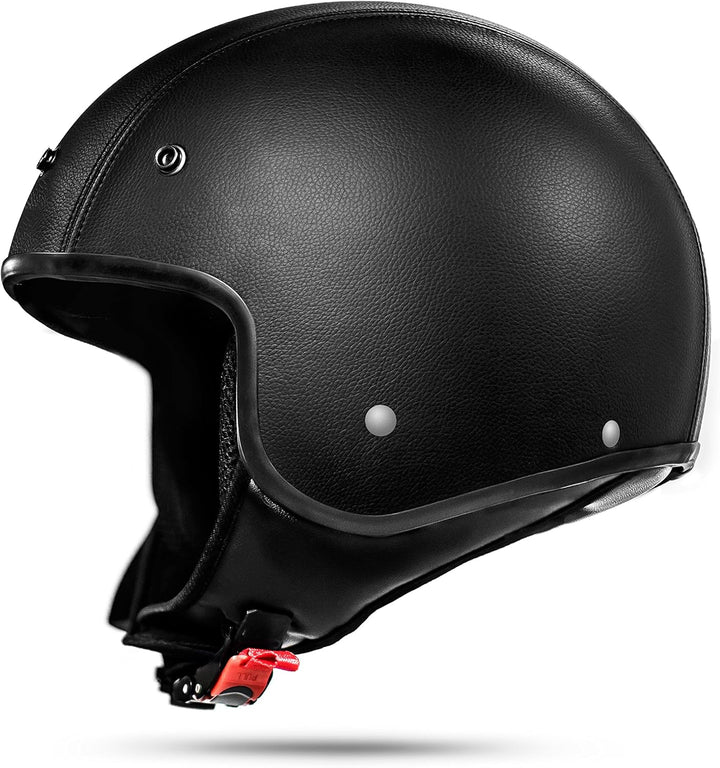 ATO Moto Classic Kunstleder Jethelm in Schwarz matt - extrem leicht - aktuelle Sicherheitsnorm ECE 2