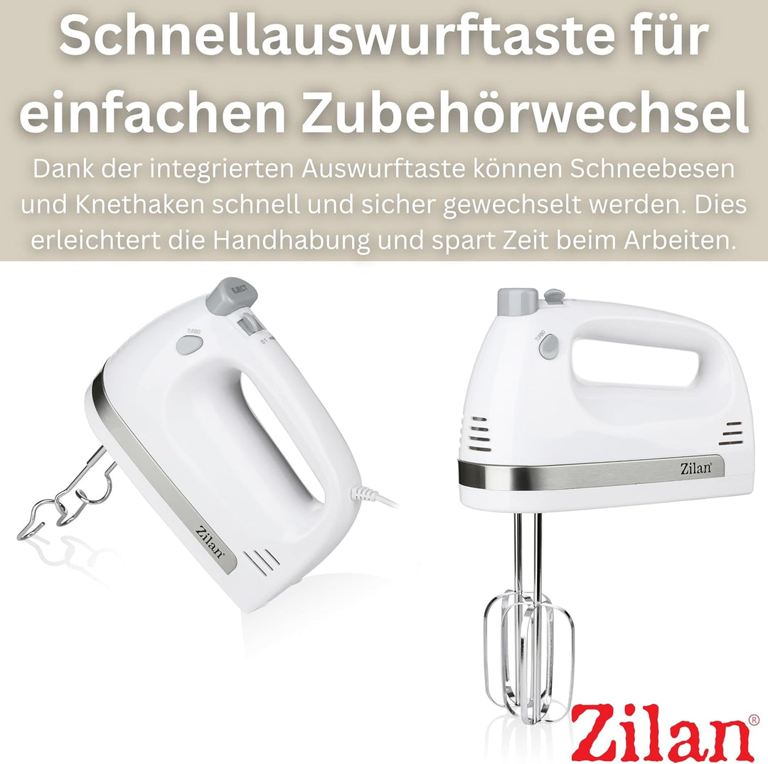 Zilan Handmixer 500W mit Ständer – Elektrischer Handrührer mit 5 Geschwindigkeiten + Turbo, Leise Kü