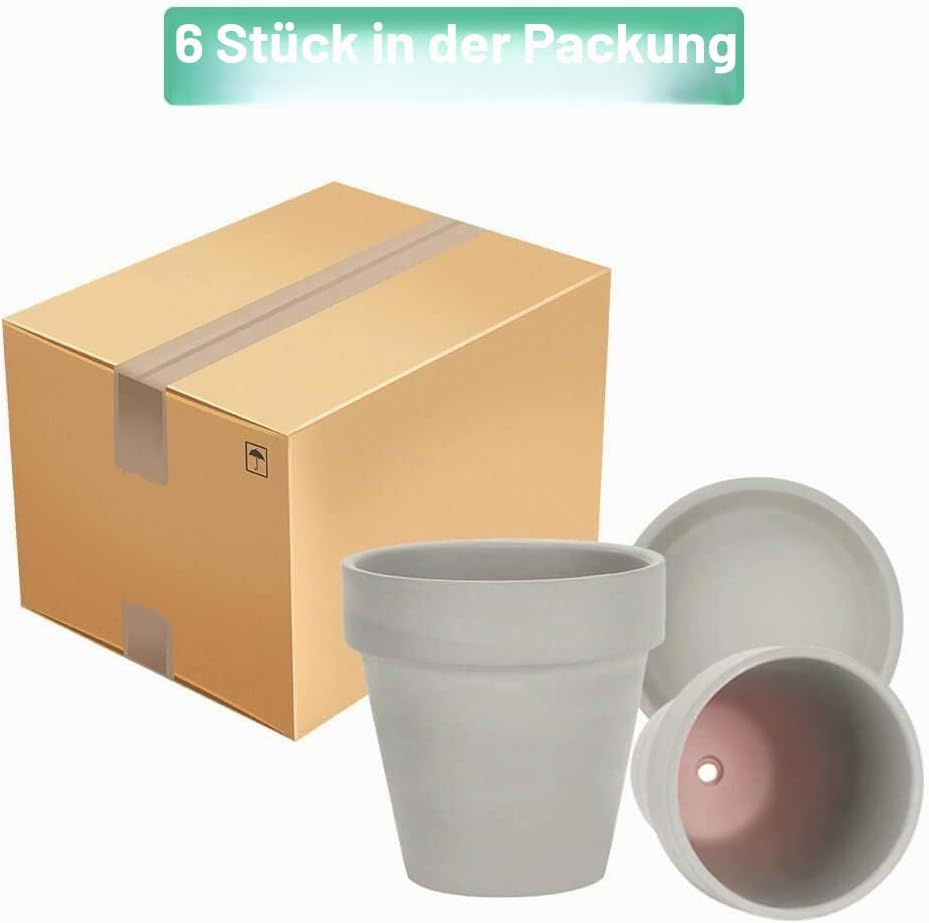 vensovo 10,2cm Grauer Tontopf für Pflanzen mit Untertasse - 6er Pack Kleiner Terrakotta-Pflanzentopf