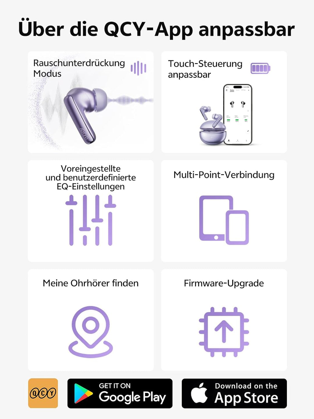 QCY MeloBuds N70 Bluetooth Kopfhörer mit Adaptive Hybride Geräuschunterdrückung,-56dB Noise Cancelli