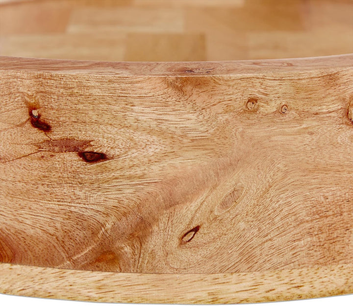 Relaxdays Tablett, rundes Serviertablett, Mangoholz, HxD: 7,5 x 35 cm, Holztablett mit Griffen, Deko