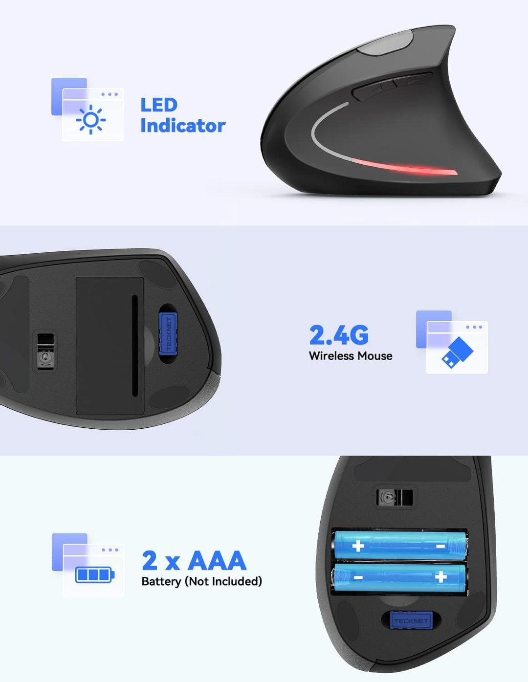 TECKNET Wireless Vertikale Ergonomische Maus 4800 DPI Schwarz, 4800 DPI Schwarz