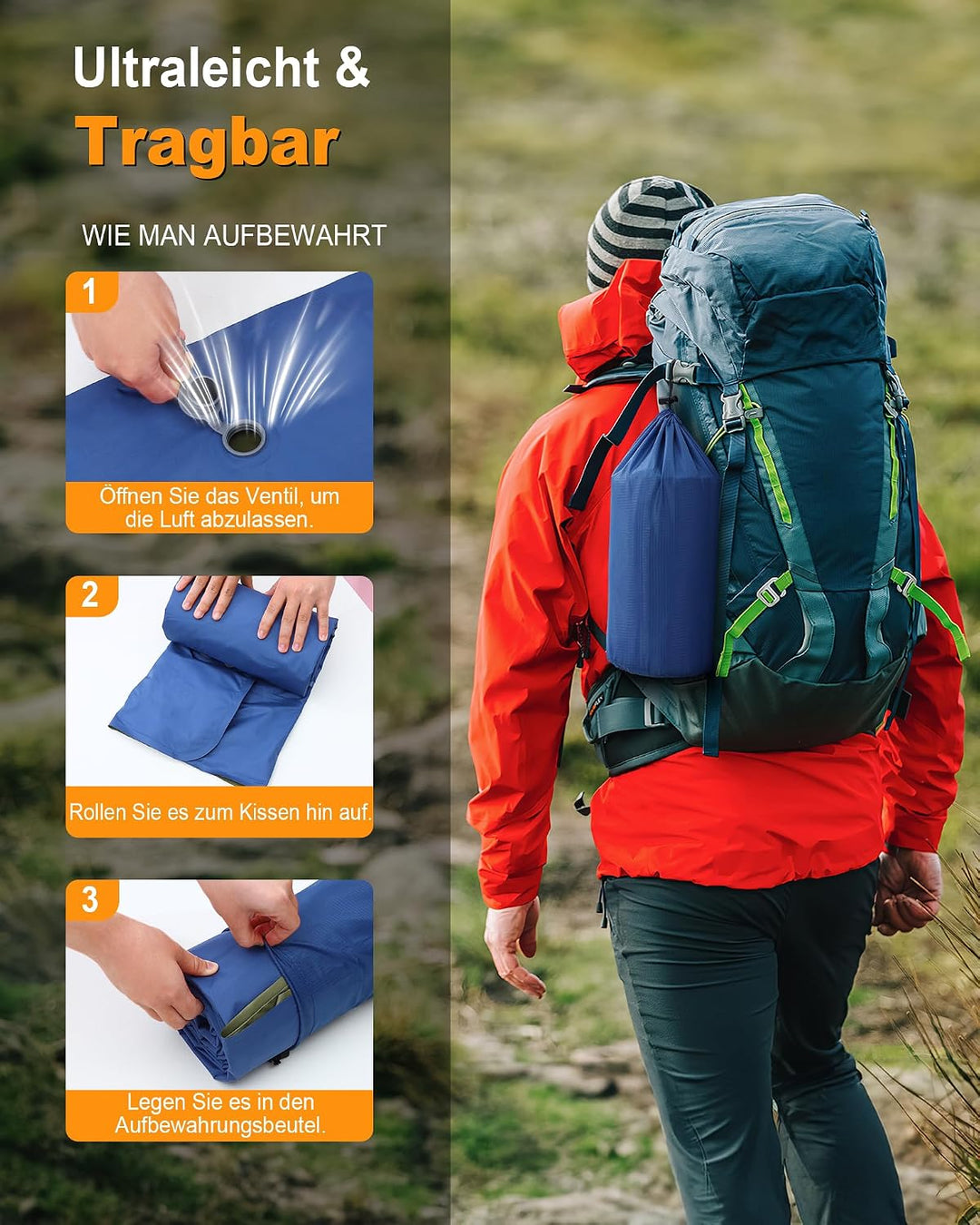 JasGood Isomatte Camping 15CM Ultraleicht Camping Luftmatratze mit Kissen und Fusspumpe Aufblasbare