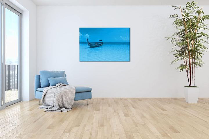 deyoli Boot am Meer Format 80x60 Effekt: Monocrome Blau als Leinwandbild, Motiv fertig gerahmt auf E