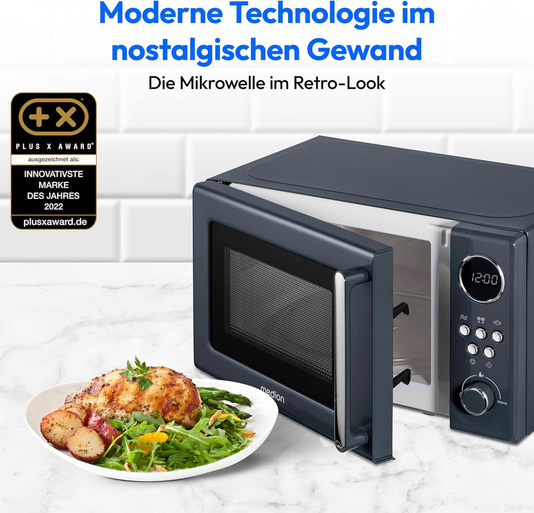 MEDION Retro Mikrowelle klein (20 Liter, ca. 800 Watt, 5 Mikrowellenstufen, 8 Automatikprogramme, Di