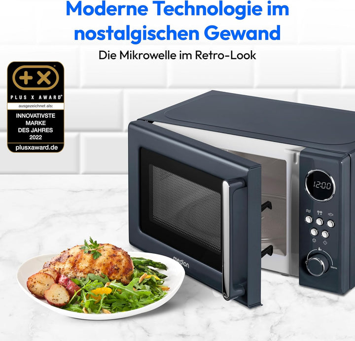 MEDION Retro Mikrowelle klein (20 Liter, ca. 800 Watt, 5 Mikrowellenstufen, 8 Automatikprogramme, Di
