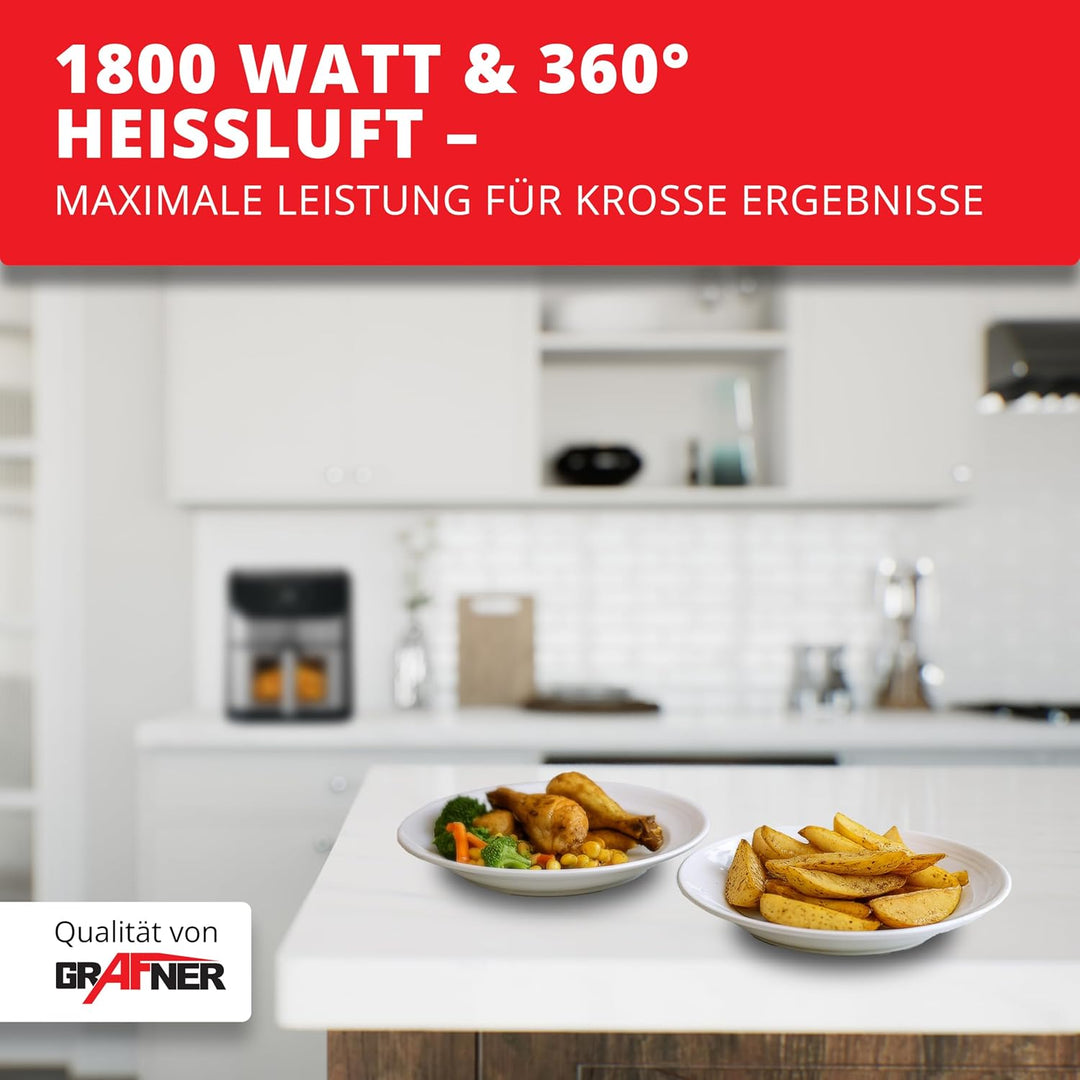 Grafner XXL Digitale Heissluftfritteuse 8 L, 100x Backpapier, LED Touchscreen, 7 Programme, 1800 Wat