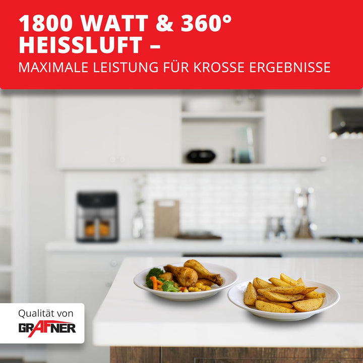Grafner XXL Digitale Heissluftfritteuse 8 L, 100x Backpapier, LED Touchscreen, 7 Programme, 1800 Wat