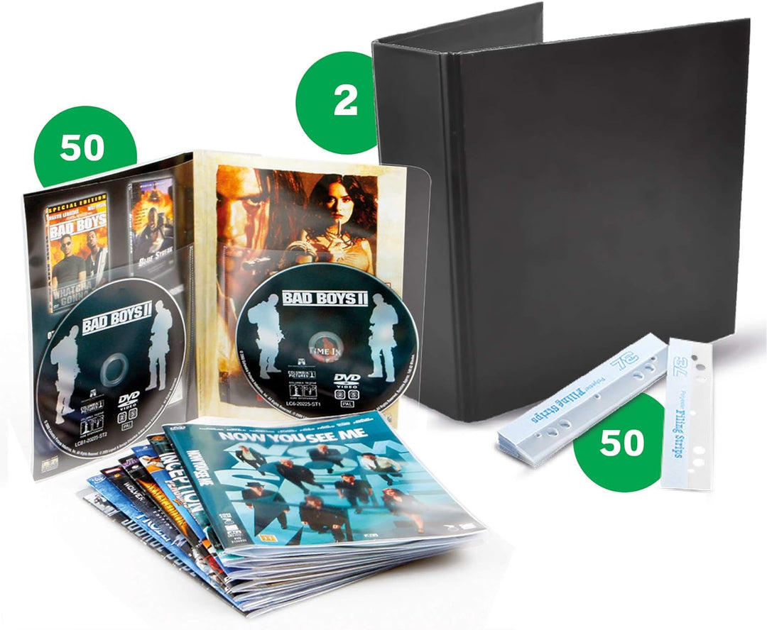 3L DVD Aufbewahrung - Kombipack mit 50 doppelte DVD Hüllen & 2 DVD Ordner & 50 Strips - Praktische A