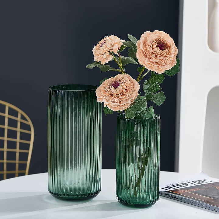 TIMEFOTO Blumenvase, 24.6 cm, grün, verdickt, handblasbare Glasvase, runde Vintage-gestreifte Flasch