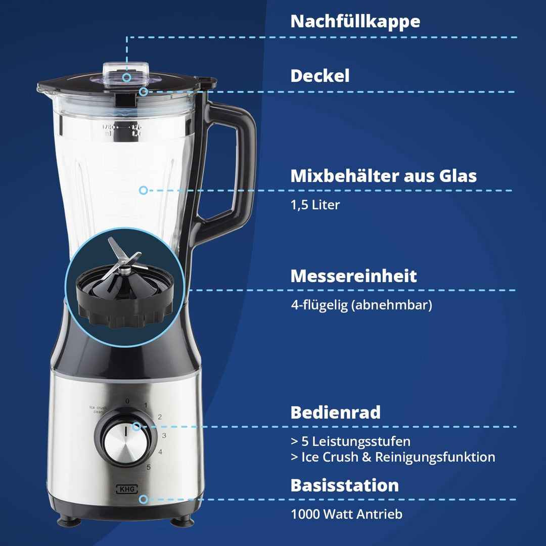 KHG Smoothie Maker Standmixer aus Glas für 1,75 Liter in Schwarz & Edelstahl, mit Messskala, Nachfül