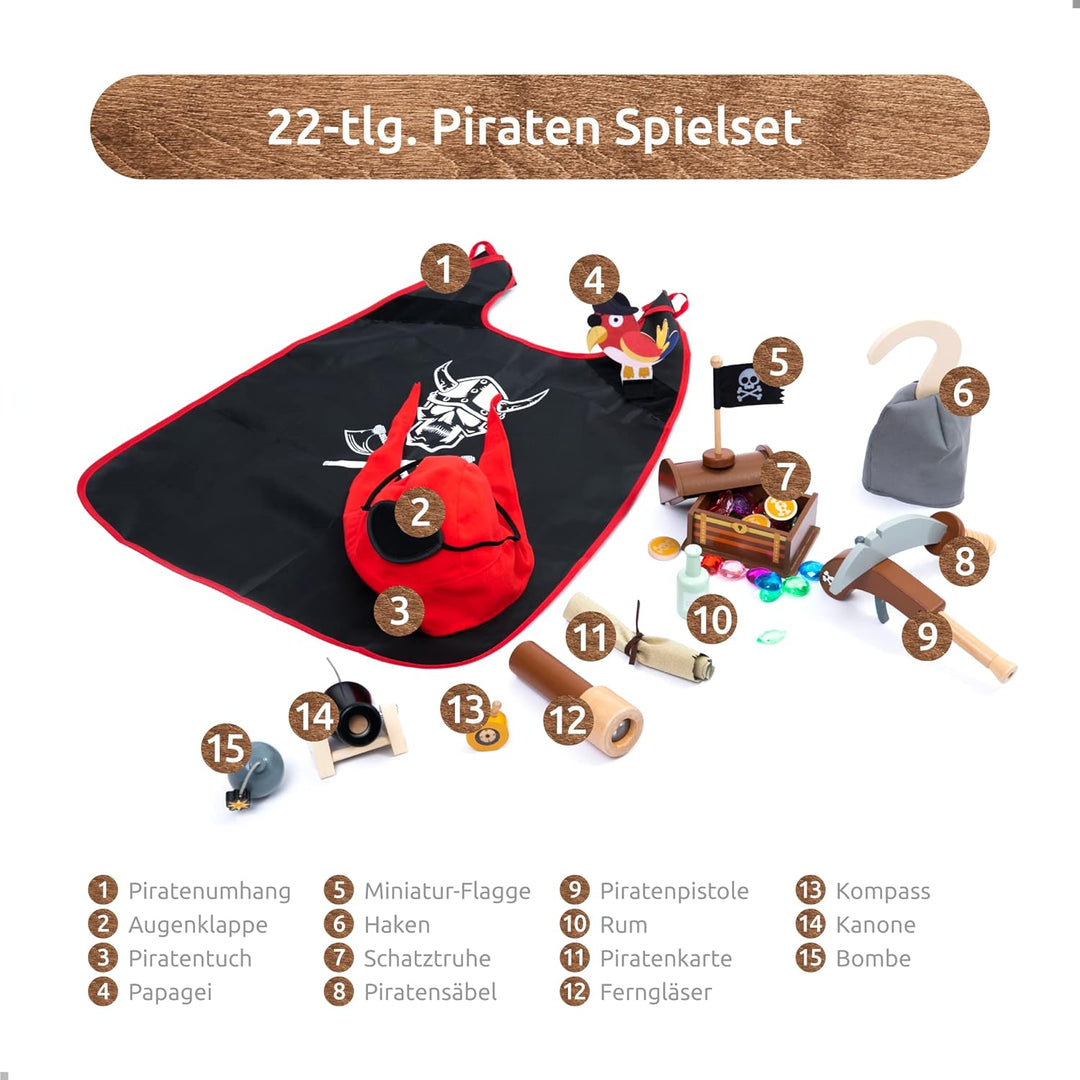 UMU® Kinder Holz Piraten Spielset mit Piratenkostüm inkl. Piratenumhang, Augenklappe, Papagei, Schat
