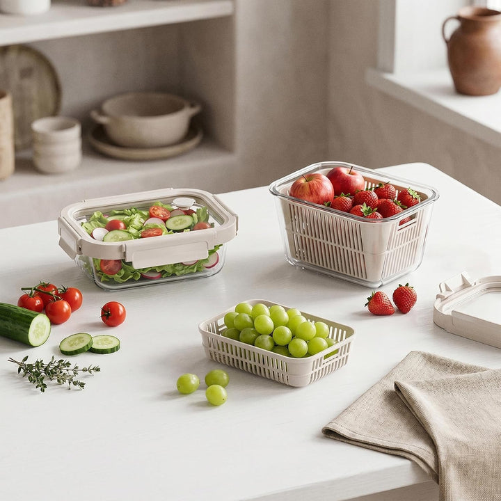 GENICOOK Frischhaltedose Glas mit Siebeinsatz Set Obst &amp; Gemüsebehälter mit Glasdeckel&amp;Belüftung–Bor