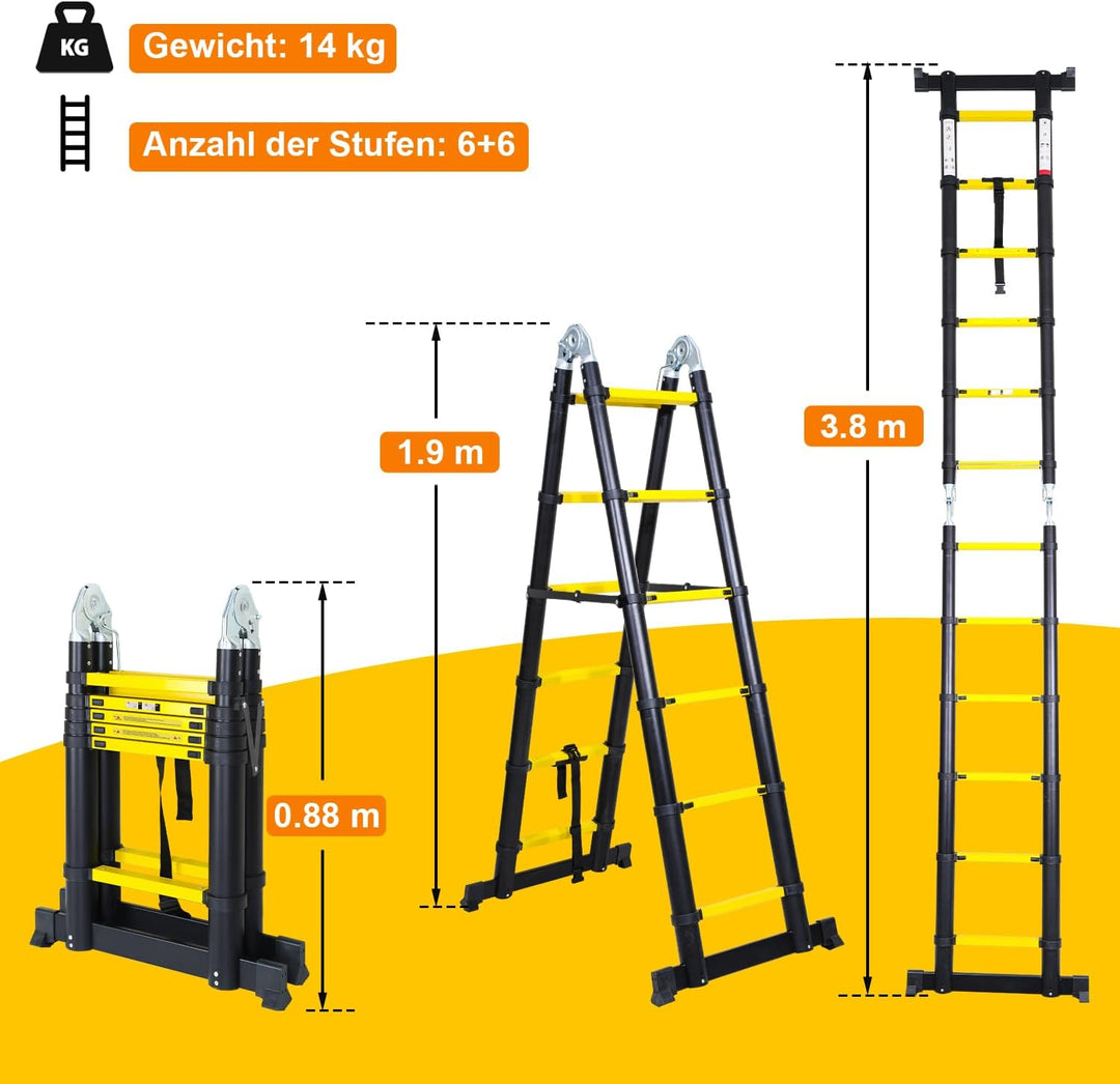 Teleskopleiter, 3.8M (1,9+1,9) Rutschfester Aluminium Stehleiter, 150 KG/330 Pfund Belastbarkeit Aus