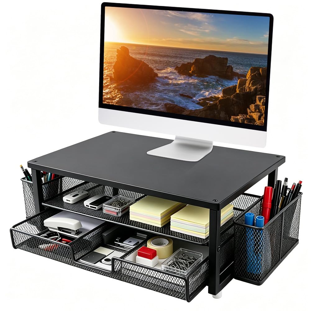 Monitorständer, Monitor Erhöhung Schreibtisch mit Schublade und Stifthaltern, 2-stufiger ergonomisch