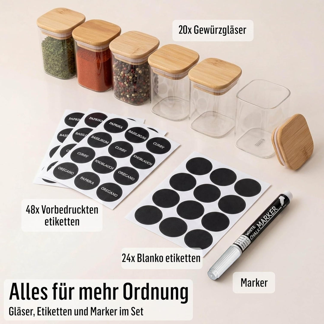 Deco haus® Gewürzgläser eckig luftdicht mit Holzdeckel 20er Set [+Etiketten] - Gewürzdosen Set Glas