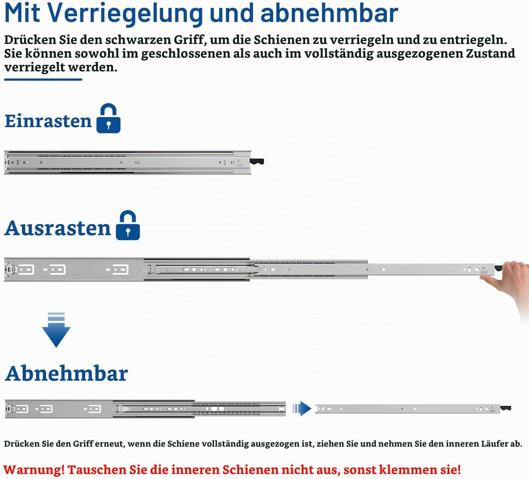 VADANIA Schubladenschienen mit Schloss 400mm, 68kg Tragfähigkeit Schwerlast Vollauszug-Kugellager Se