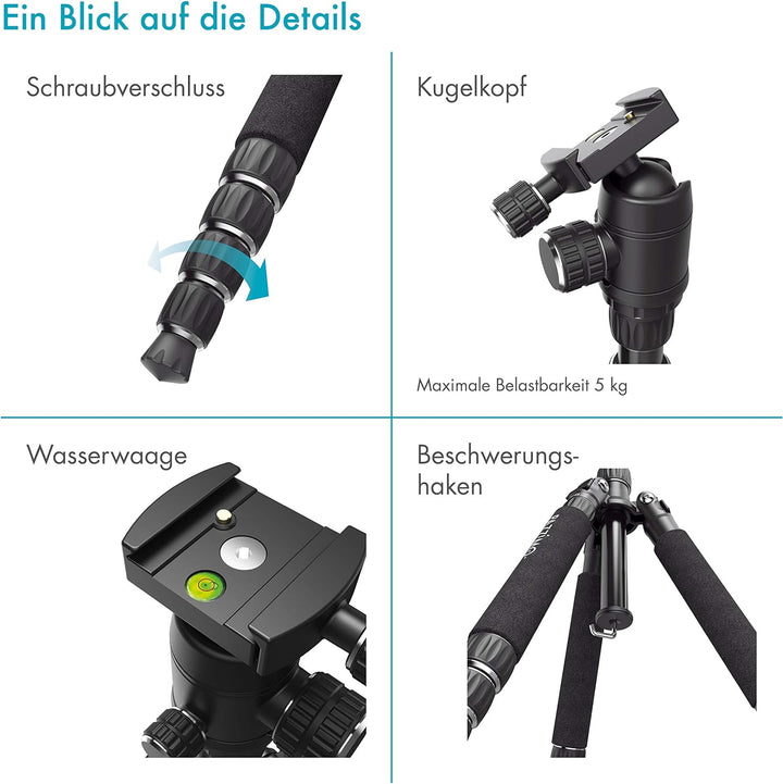 Kamera Stativ für Spiegelreflexkamera (DSLR-Tripod mit Zubehör, 1530g leicht, 3-Wege Kugelkopf, inkl