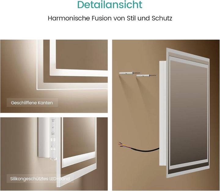 EMKE LED Badspiegel 80x60cm LED Wandspiegel mit Beleuchtung Warmweisses Licht und Kaltesweisses Lich