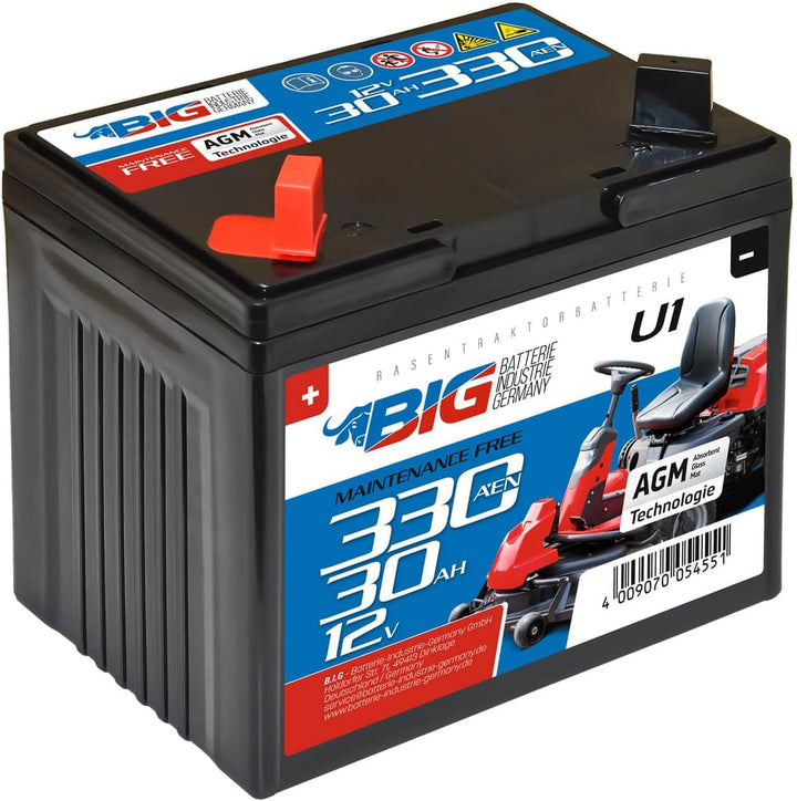 BIG U1 Garden Power Rasentraktor-Batterie 12V 30Ah 310A Starterbatterie für Aufsitzmäher wartungsfre