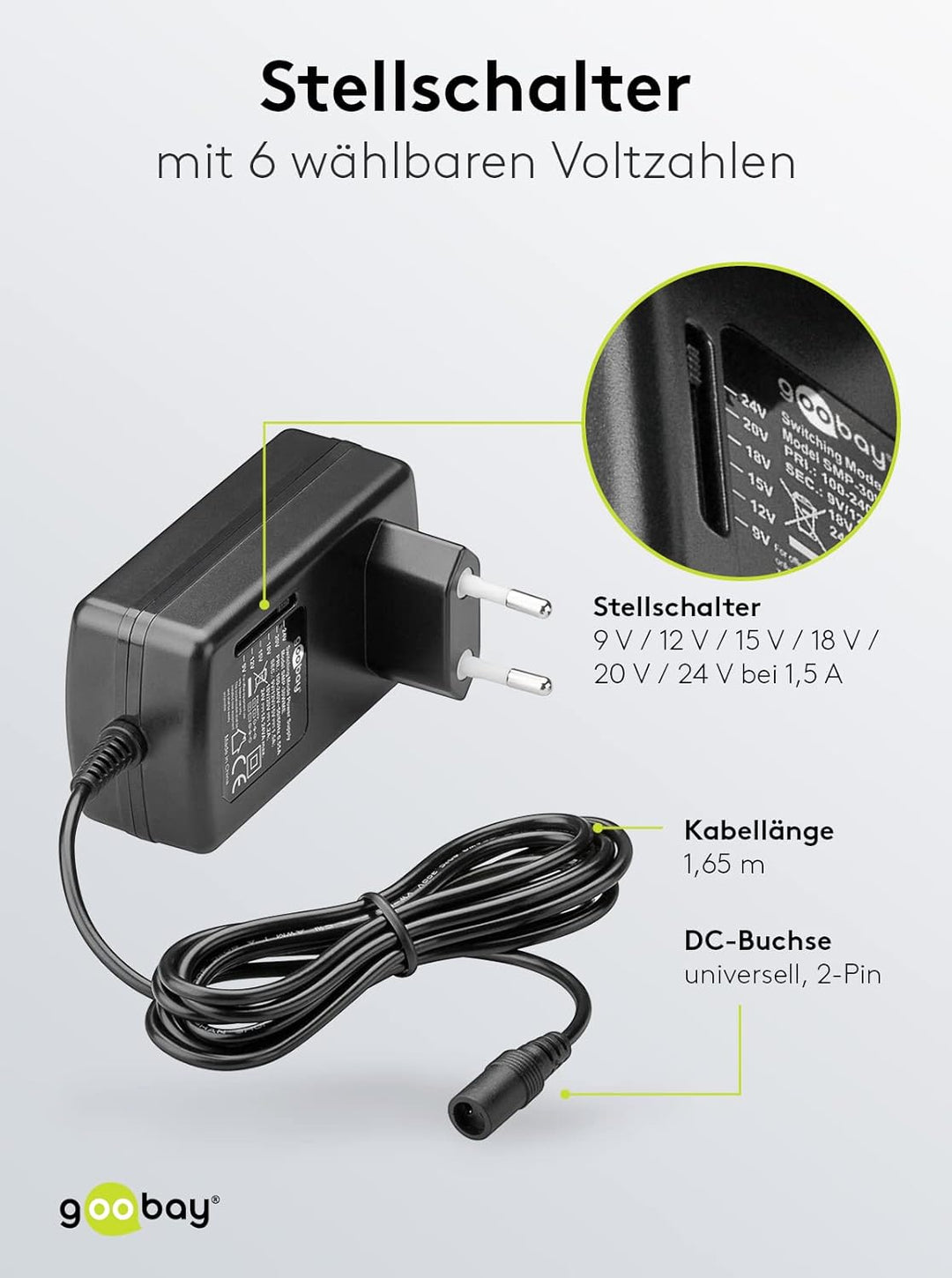 Goobay 54799 Universal Netzteil 9V - 24V max 24 W Netzgerät mit Adapter 1x Klinkenstecker & 6x DC-St