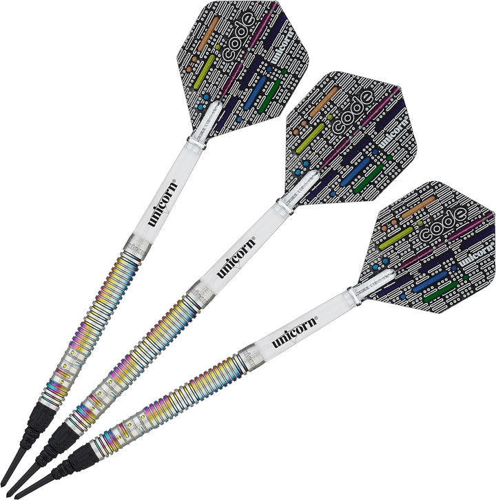 Unicorn Dartpfeile mit weicher Spitze – DNA Professional Spieler Name Morsecode Design – 80% oder 90